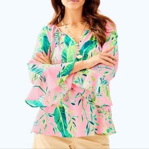 Lilly Pulitzer Pink Tropical Leaf Ruffle Blouse